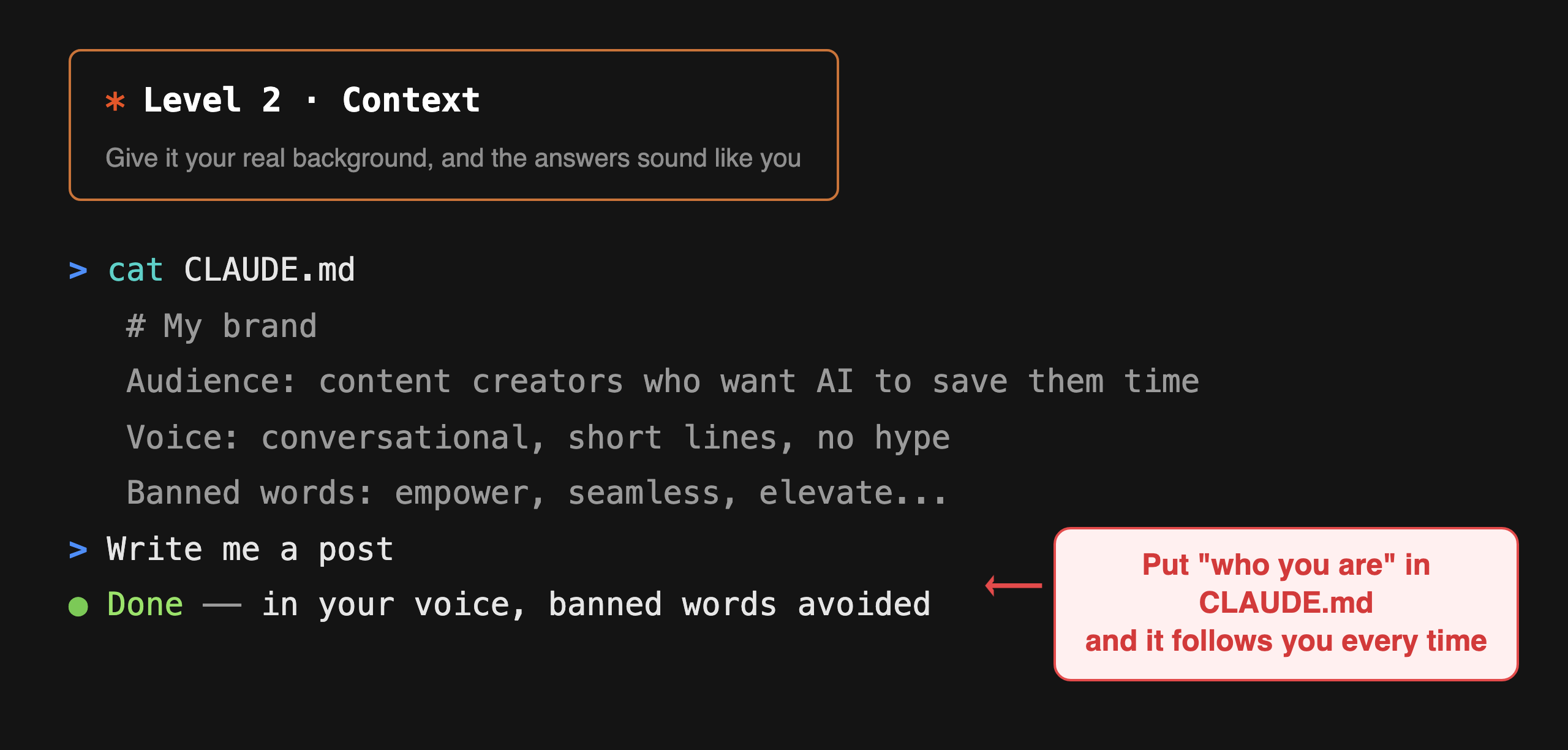 Level 2 Context: example screen of a CLAUDE.md holding brand voice and rules