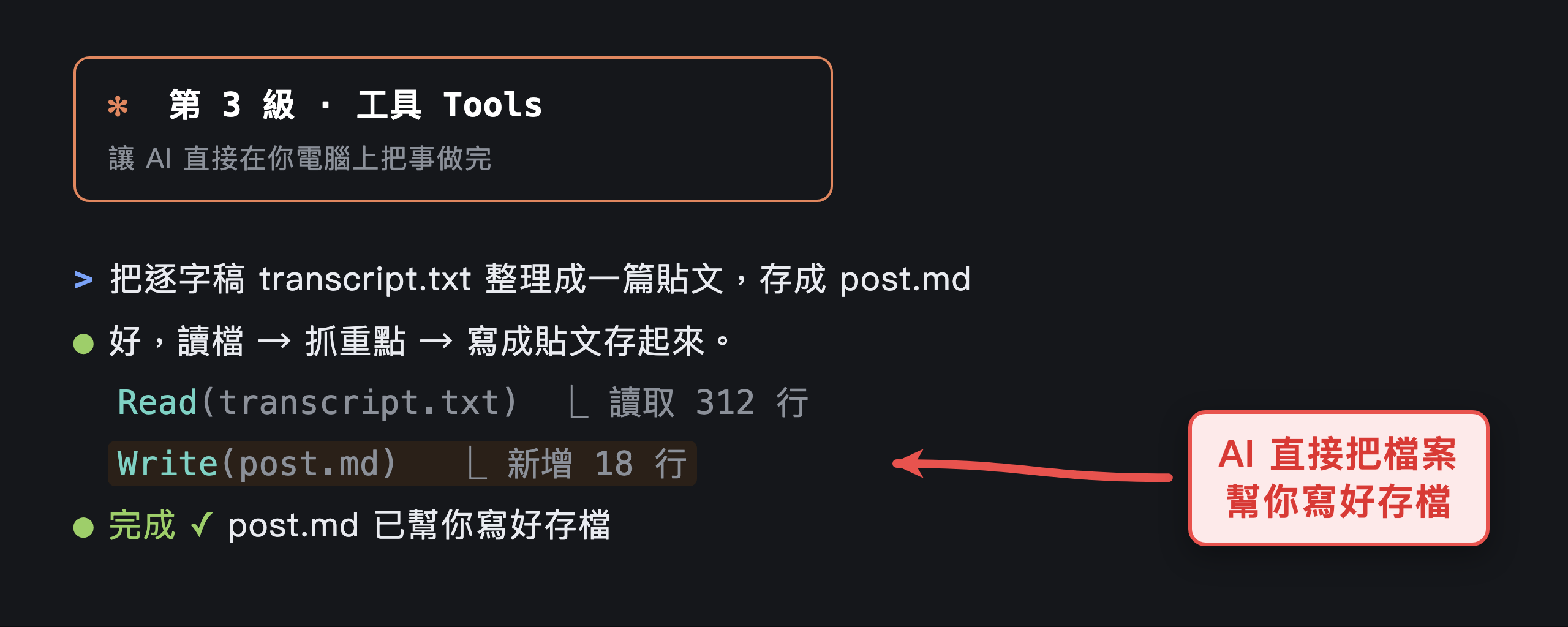 第 3 級 工具：Claude Code 直接讀檔寫檔把事做完的範例畫面