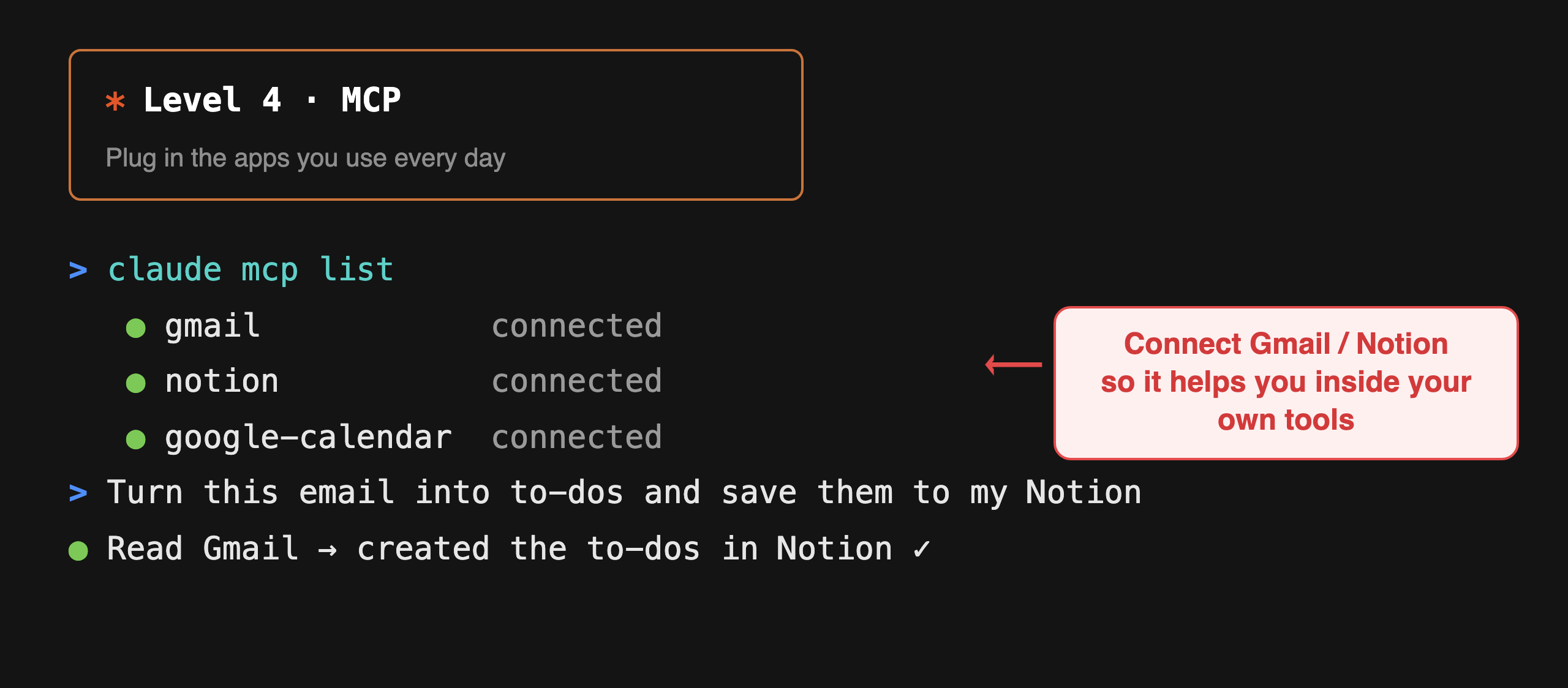 Level 4 MCP: example screen of Gmail and Notion connected to Claude Code