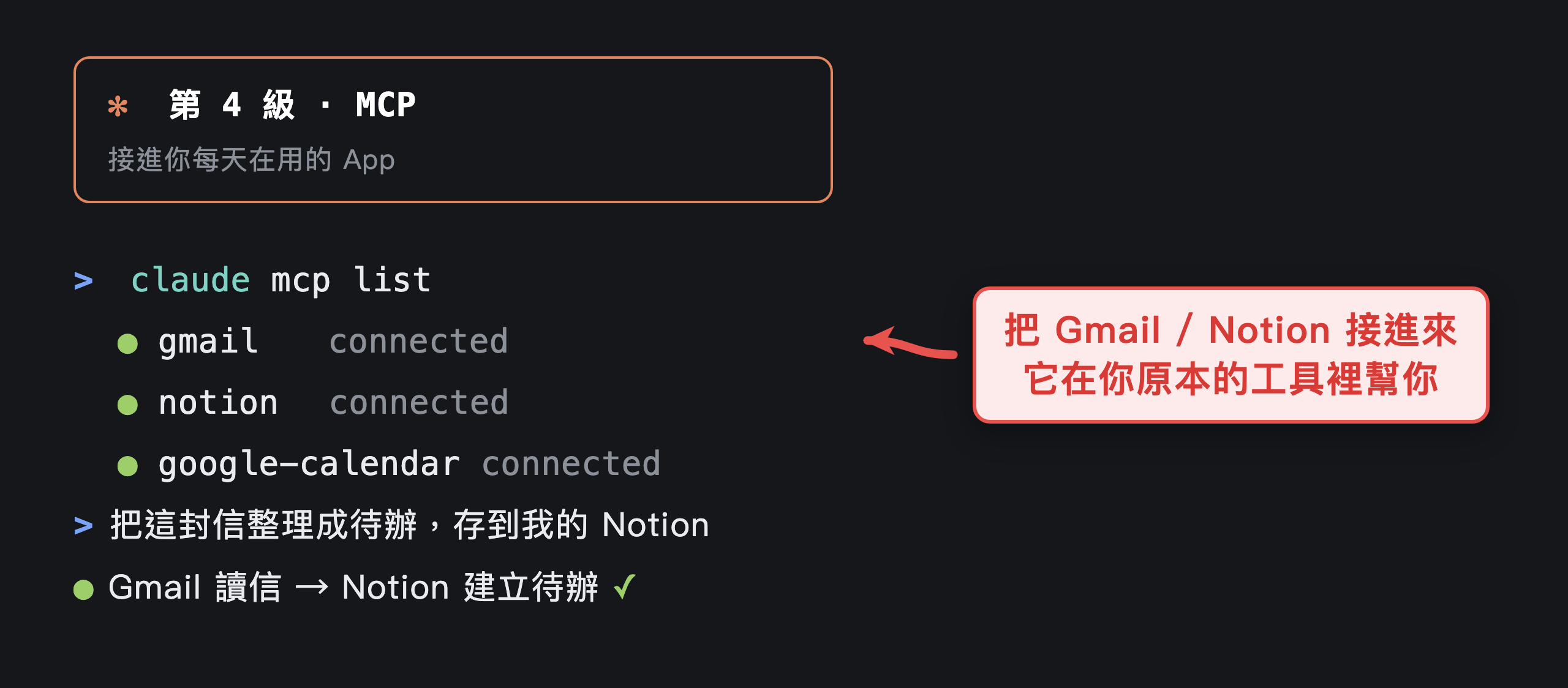第 4 級 MCP：把 Gmail、Notion 接進 Claude Code 的範例畫面