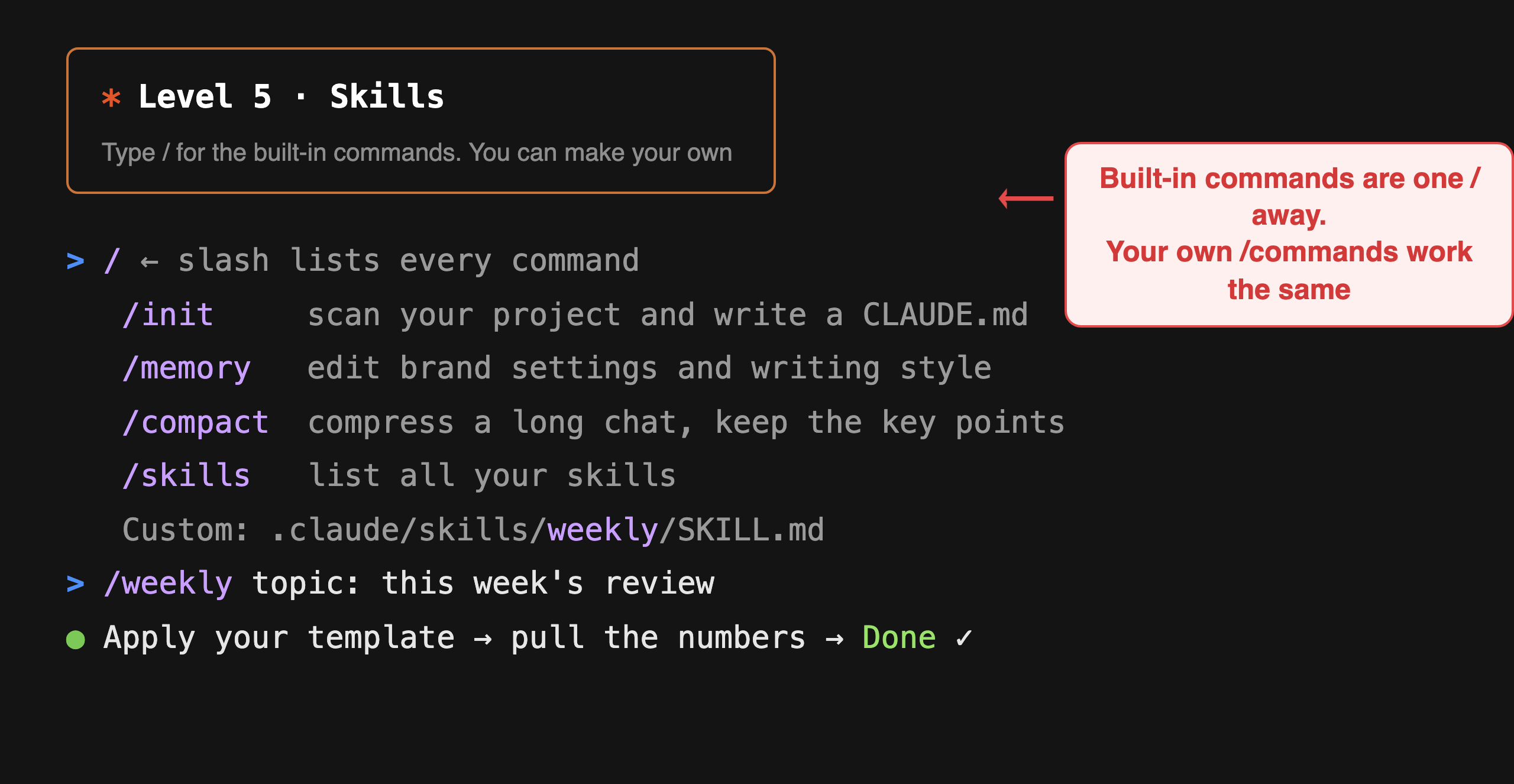Level 5 Skills: example screen of Claude Code built-in commands and custom skills