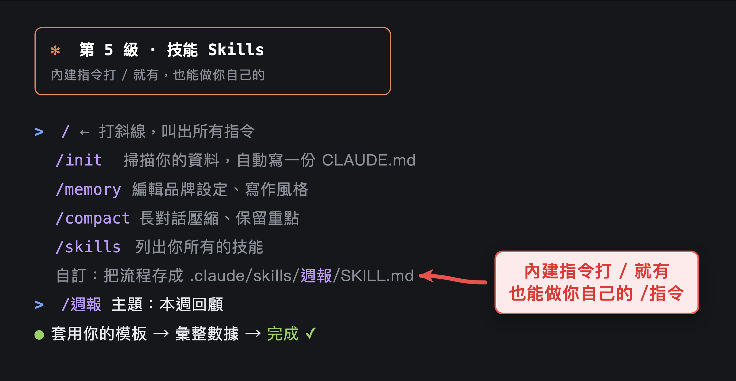 第 5 級 技能：Claude Code 內建指令與自訂技能的範例畫面