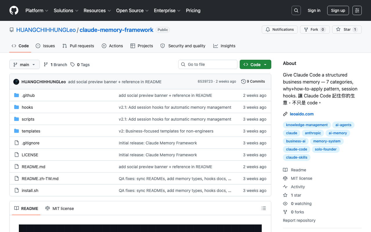 GitHub repo 頁面，左側檔案列表、上方 Code 按鈕、右側 About 區