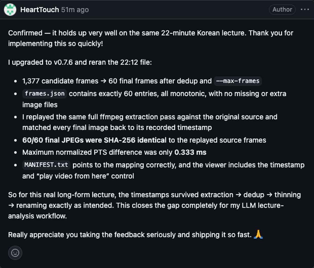 GitHub user HeartTouch confirming 60/60 frames SHA-256 identical with 0.333 ms max timestamp drift