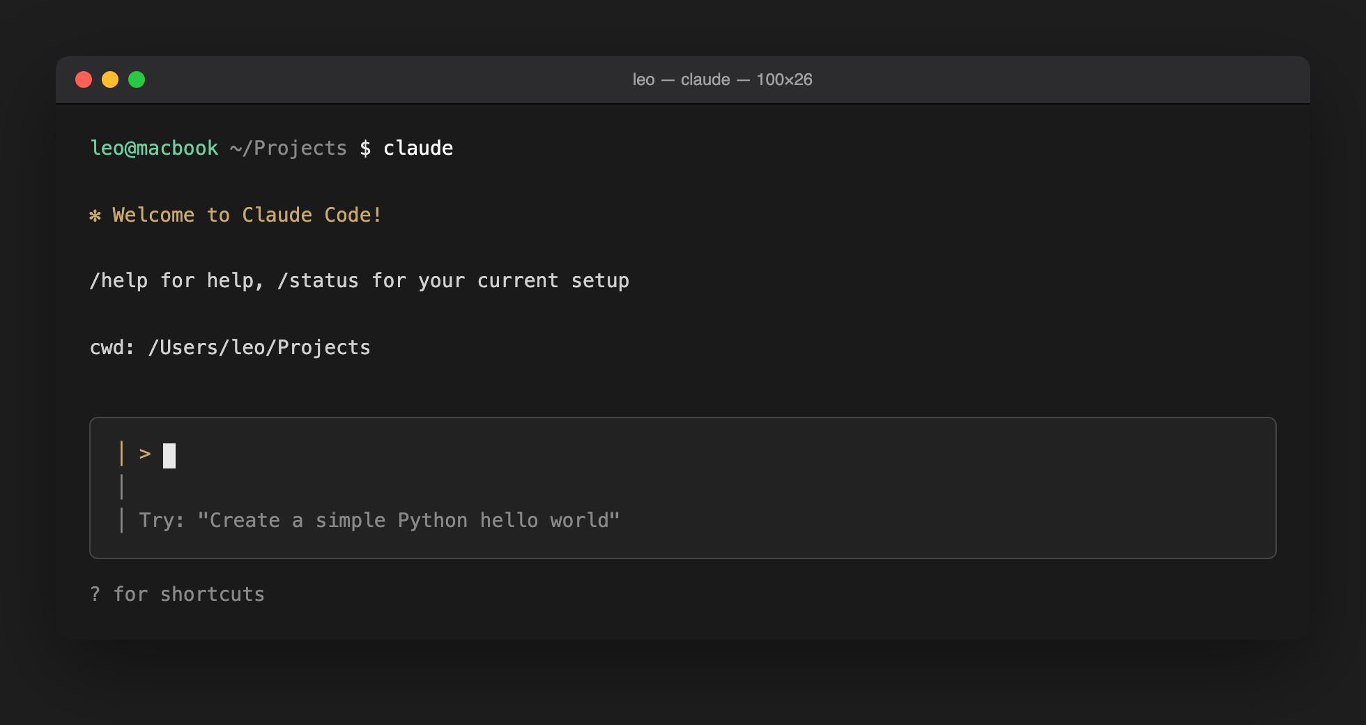 Terminal showing the Welcome to Claude Code message and a prompt waiting for input after running claude