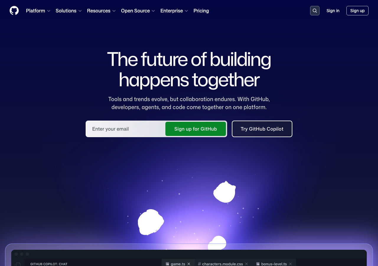 The github.com home page with the Sign up button in the top right