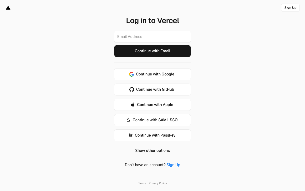 The Vercel login page with several login buttons, including Continue with GitHub