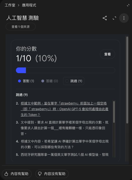 測驗結果：你的分數 1/10（10%），答對 1、答錯 0、跳過 9，下面列出跳過的題目